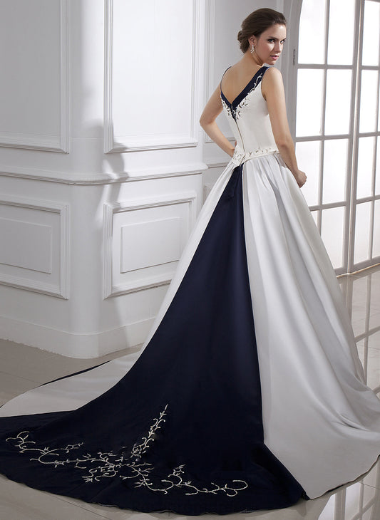 Dress Chapel Satin V-neck Beading Embroidered Ball-Gown/Princess Train Wedding With Kaley Wedding Dresses Sequins