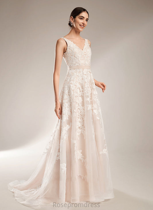 A-Line V-neck Court Dress Wedding Dresses Train Ashly Wedding