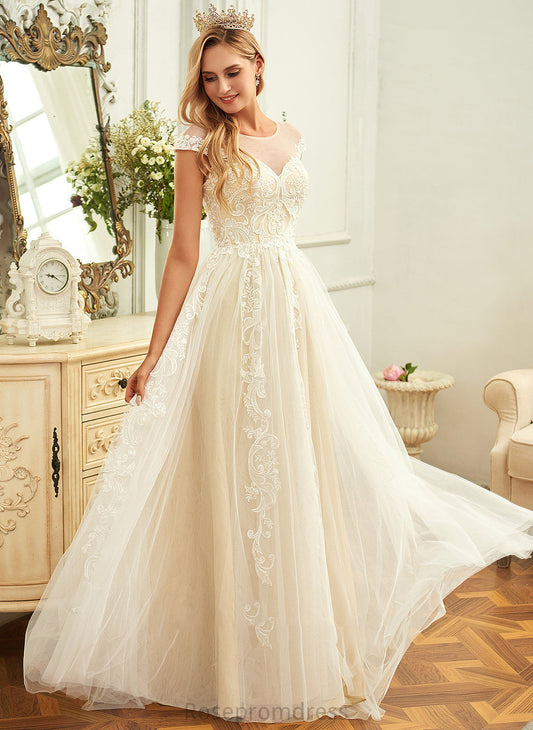 Josie Wedding Dresses A-Line Train Wedding Sweep Dress Ruffle Tulle With Lace Neck Scoop Lace