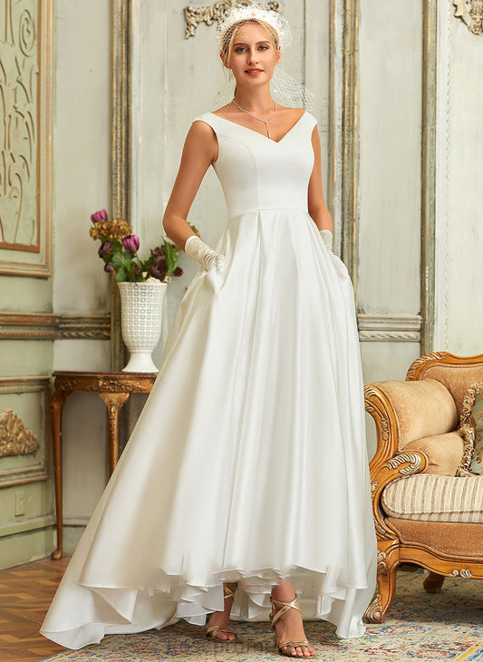 Pockets V-neck Dayana With Satin Asymmetrical Dress Wedding Wedding Dresses Ball-Gown/Princess