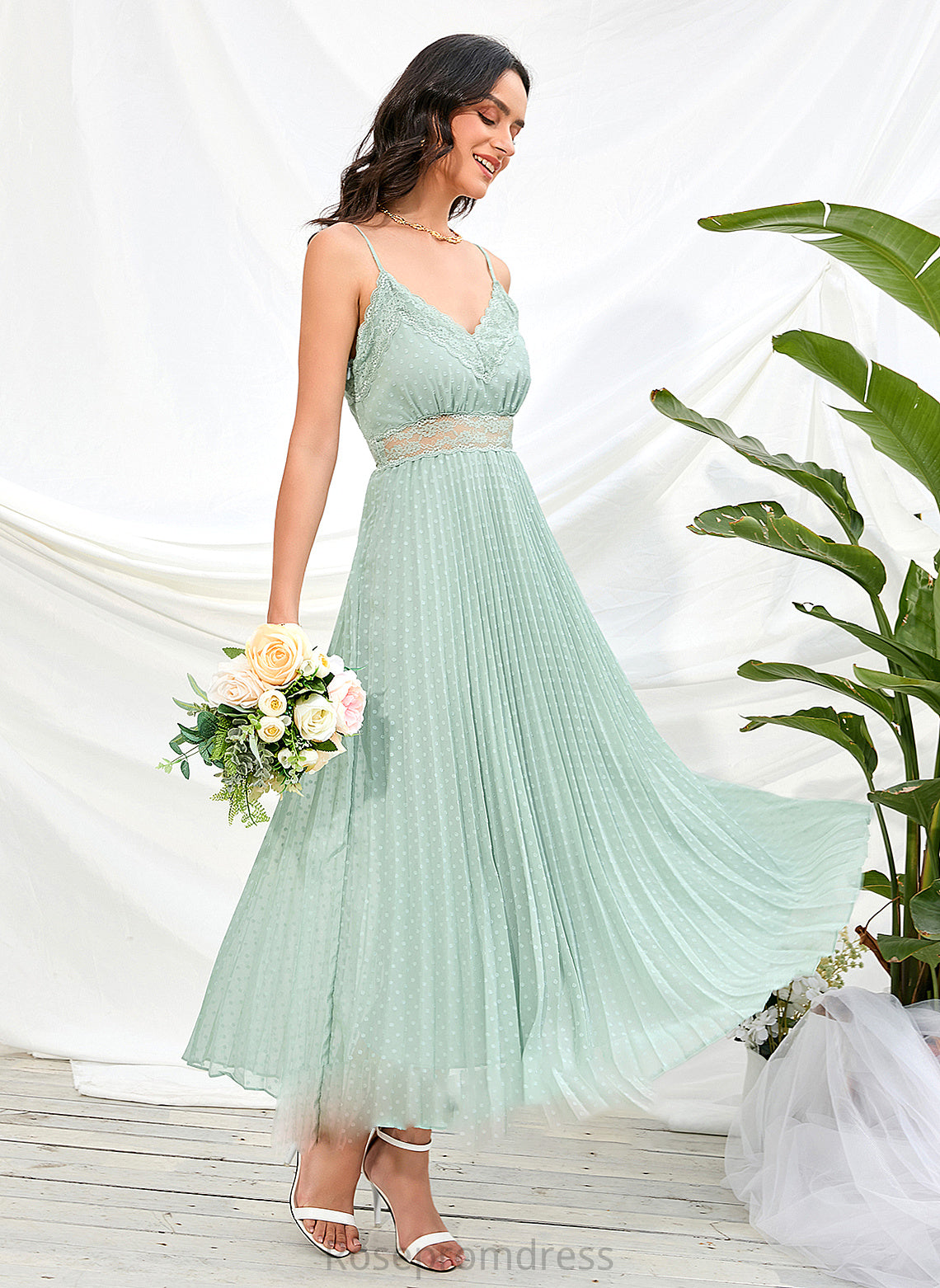 Neckline A-Line V-neck Fabric Silhouette Ankle-Length Straps Length Abbey Spaghetti Staps Natural Waist Floor Length Bridesmaid Dresses