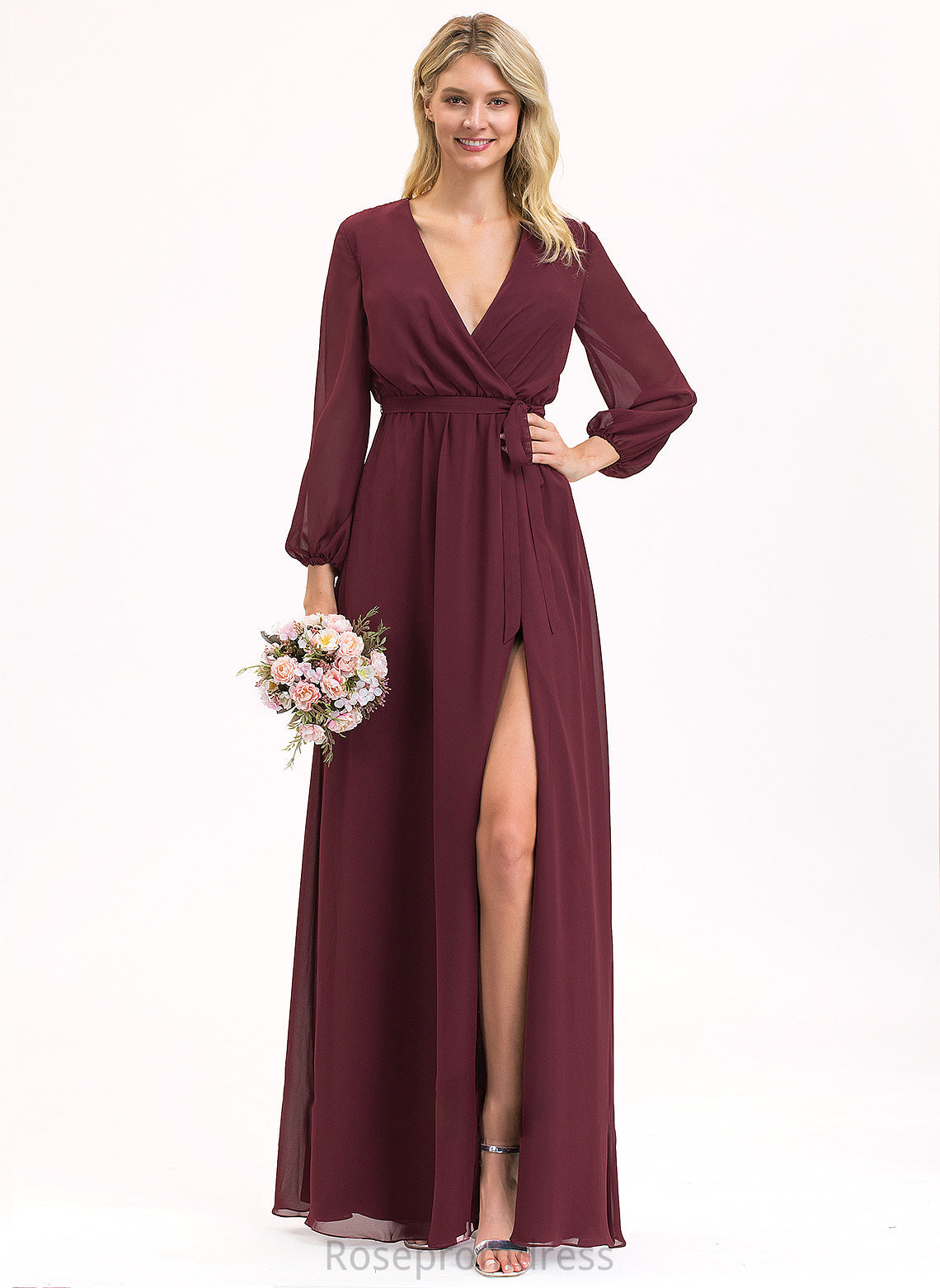 Neckline SplitFront Length Ruffle Fabric A-Line Bow(s) Floor-Length Silhouette V-neck Embellishment Katelyn Bridesmaid Dresses