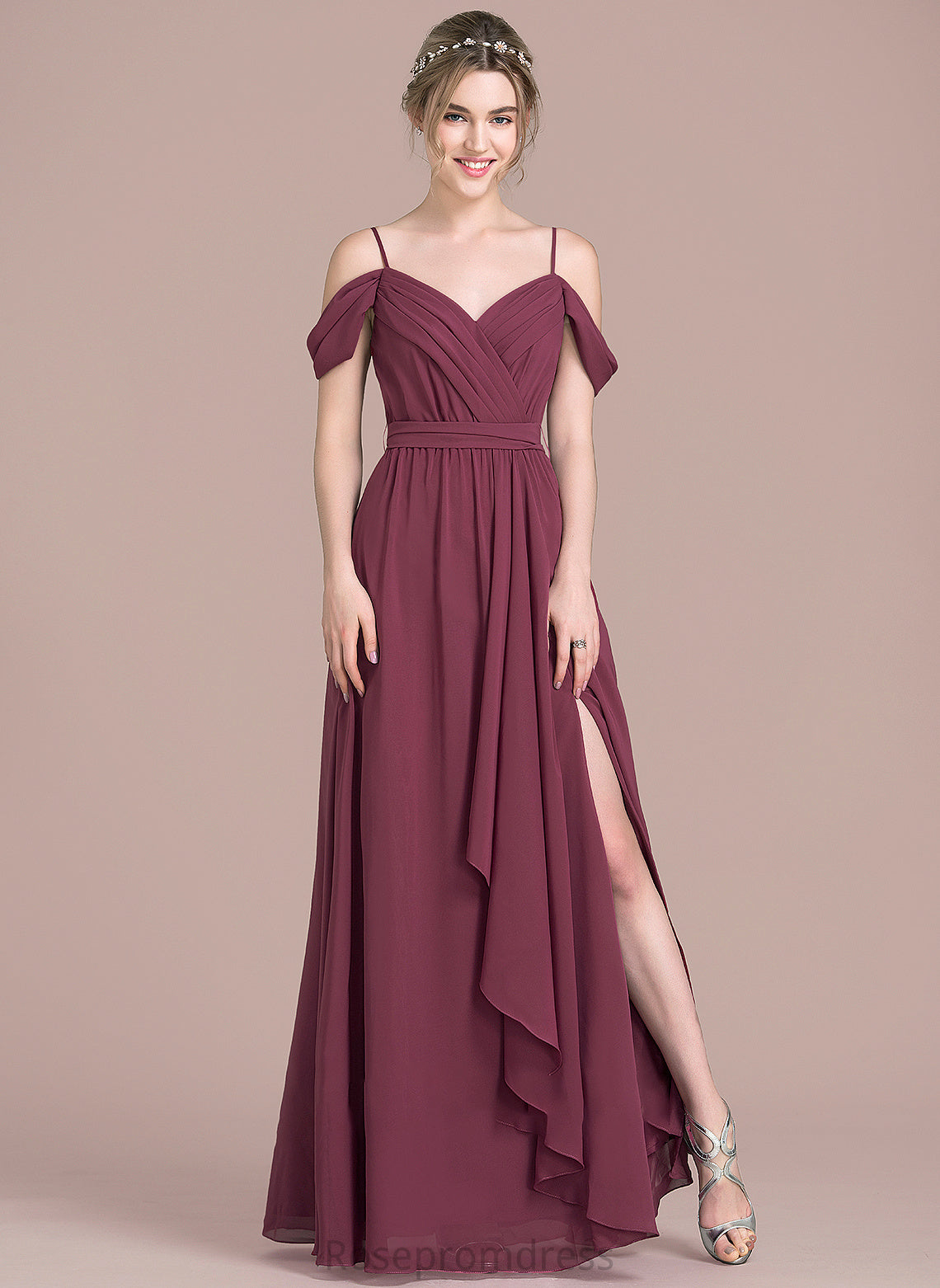 Length Floor-Length Neckline V-neck Fabric Bow(s) Embellishment A-Line CascadingRuffles Silhouette SplitFront Tess Bridesmaid Dresses