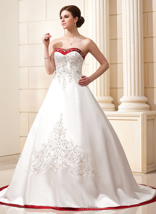 Alia Train Ball-Gown/Princess With Beading Sash Wedding Dresses Sequins Dress Wedding Sweetheart Satin Chapel Embroidered