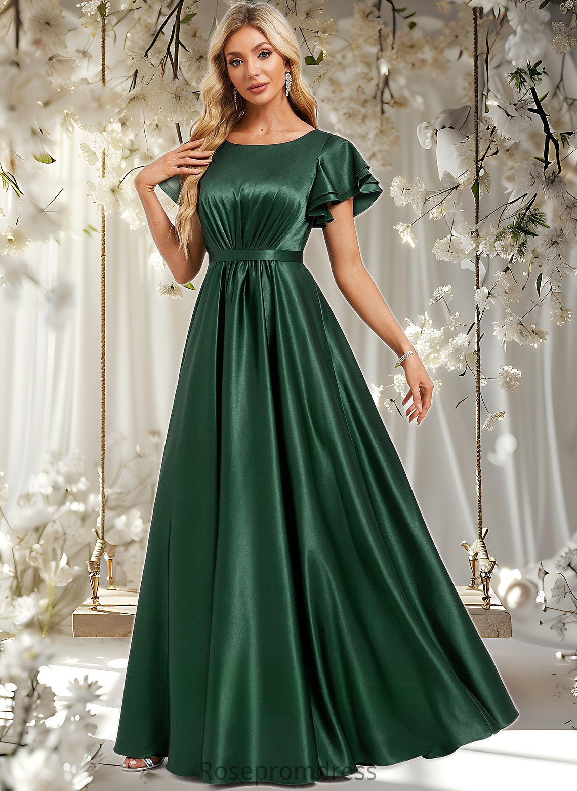 Magdalena A-line Scoop Floor-Length Stretch Satin Bridesmaid Dress With Ruffle DSP0025770