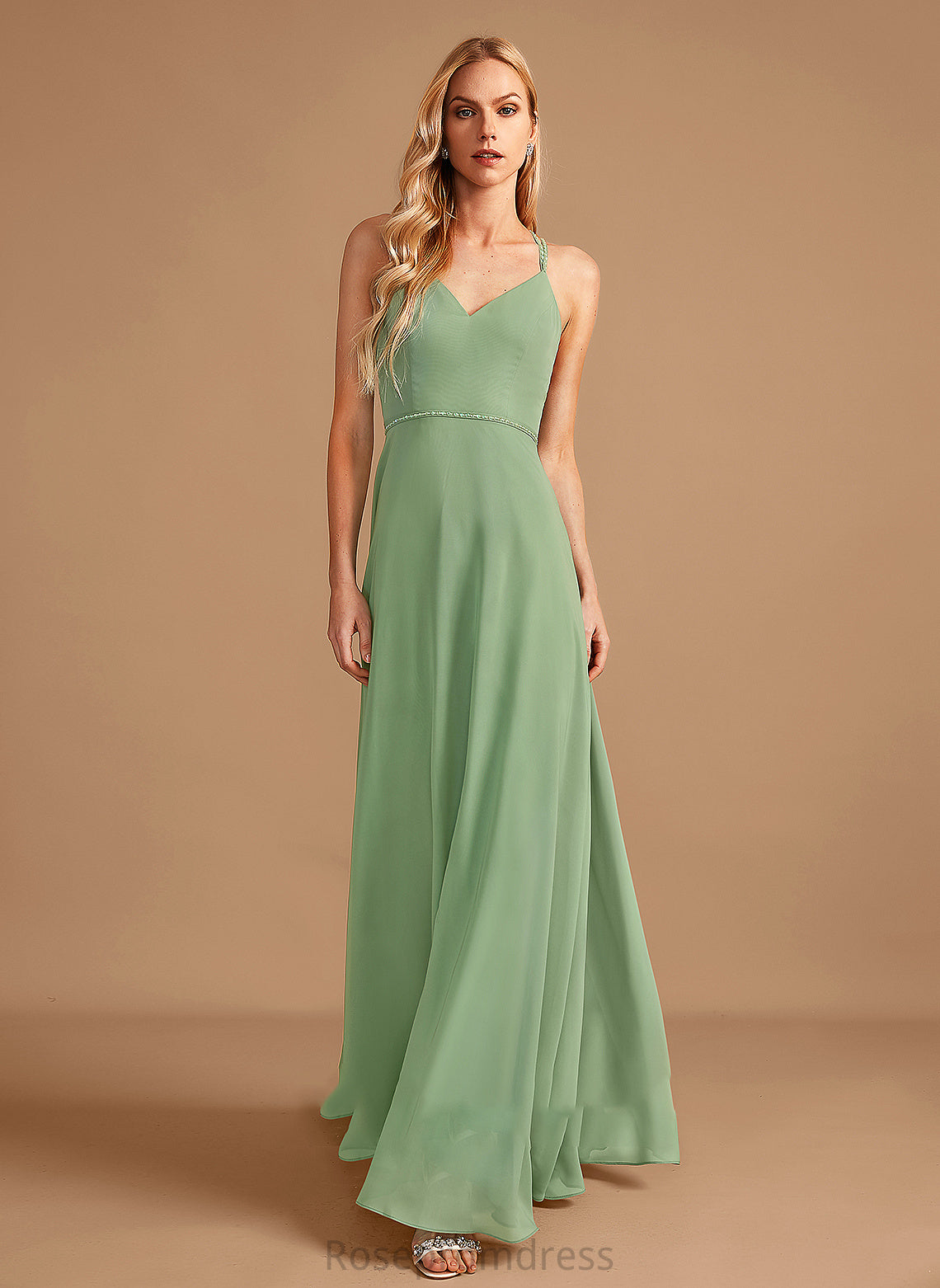 A-Line Neckline Sequins Silhouette Fabric Embellishment Floor-Length Beading Length V-neck Natalia A-Line/Princess Bridesmaid Dresses