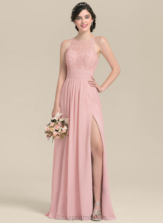 A-Line Ruffle Silhouette ScoopNeck Embellishment SplitFront Floor-Length Fabric Neckline Length Deja Spaghetti Staps Bridesmaid Dresses