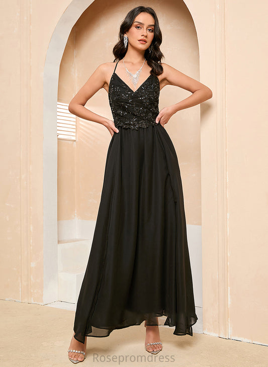 A-Line Silhouette Ankle-Length Length Sequins SplitFront Neckline Embellishment Fabric V-neck Eva Floor Length Bridesmaid Dresses
