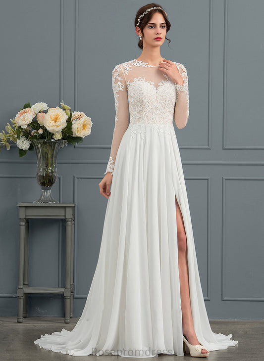 Front A-Line Sweep Illusion Wedding Dresses Dress Split Wedding With Lace Michaela Chiffon Train Appliques