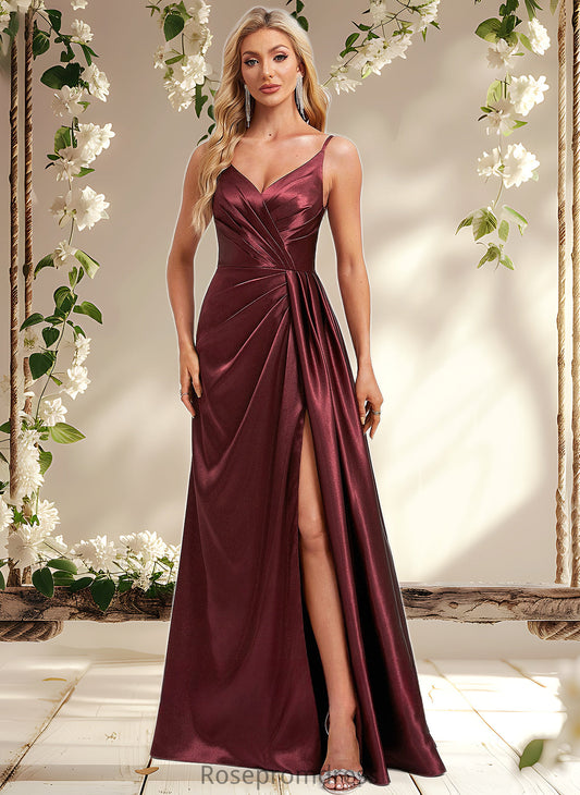 Kiera A-line V-Neck Floor-Length Stretch Satin Bridesmaid Dress With Ruffle DSP0025785