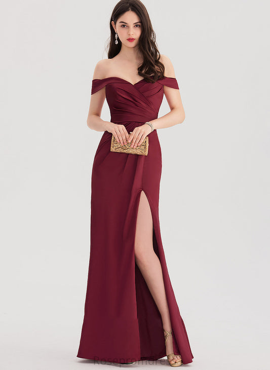 Satin Floor-Length Front Off-the-Shoulder Ruffle Erika Split Prom Dresses With Sheath/Column