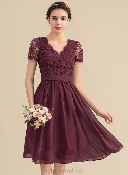 A-Line Neckline Lace Straps Length V-neck Silhouette Fabric Knee-Length Pauline Natural Waist Sleeveless Bridesmaid Dresses