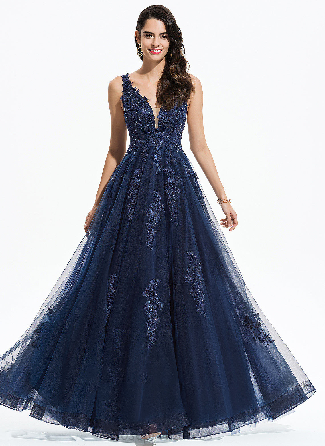 Prom Dresses Tulle Floor-Length Arianna A-Line Sequins With V-neck Lace