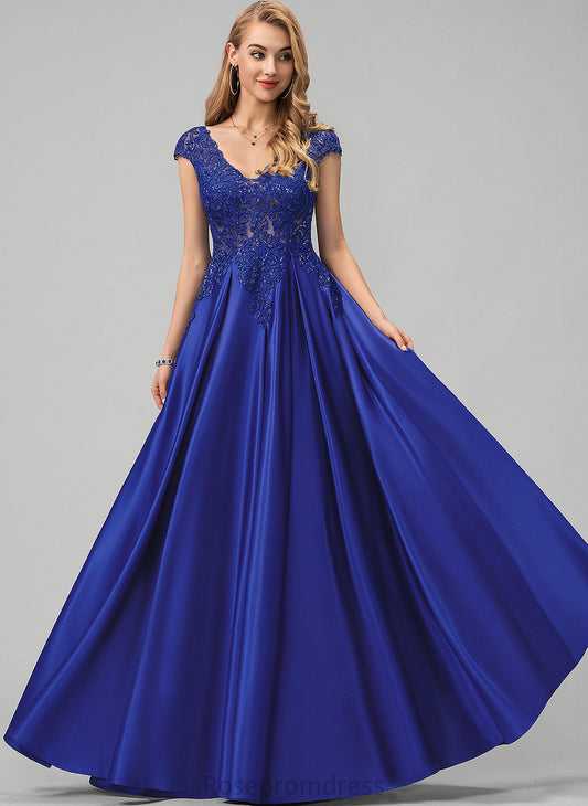 Prom Dresses Satin With V-neck Sequins Floor-Length Micah Ball-Gown/Princess