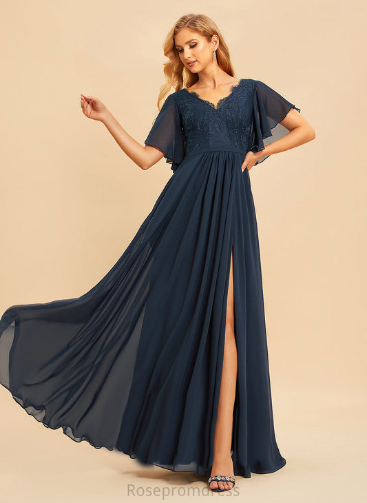 Floor-Length V-Neck A-line Length Lace Straps&Sleeves Neckline Fabric Silhouette Kylie Floor Length Velvet Bridesmaid Dresses