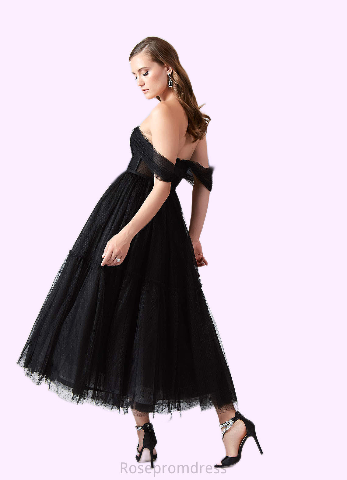 Sara A-Line Off the Shoulder Tulle Tea-Length Dress SRSP0020021