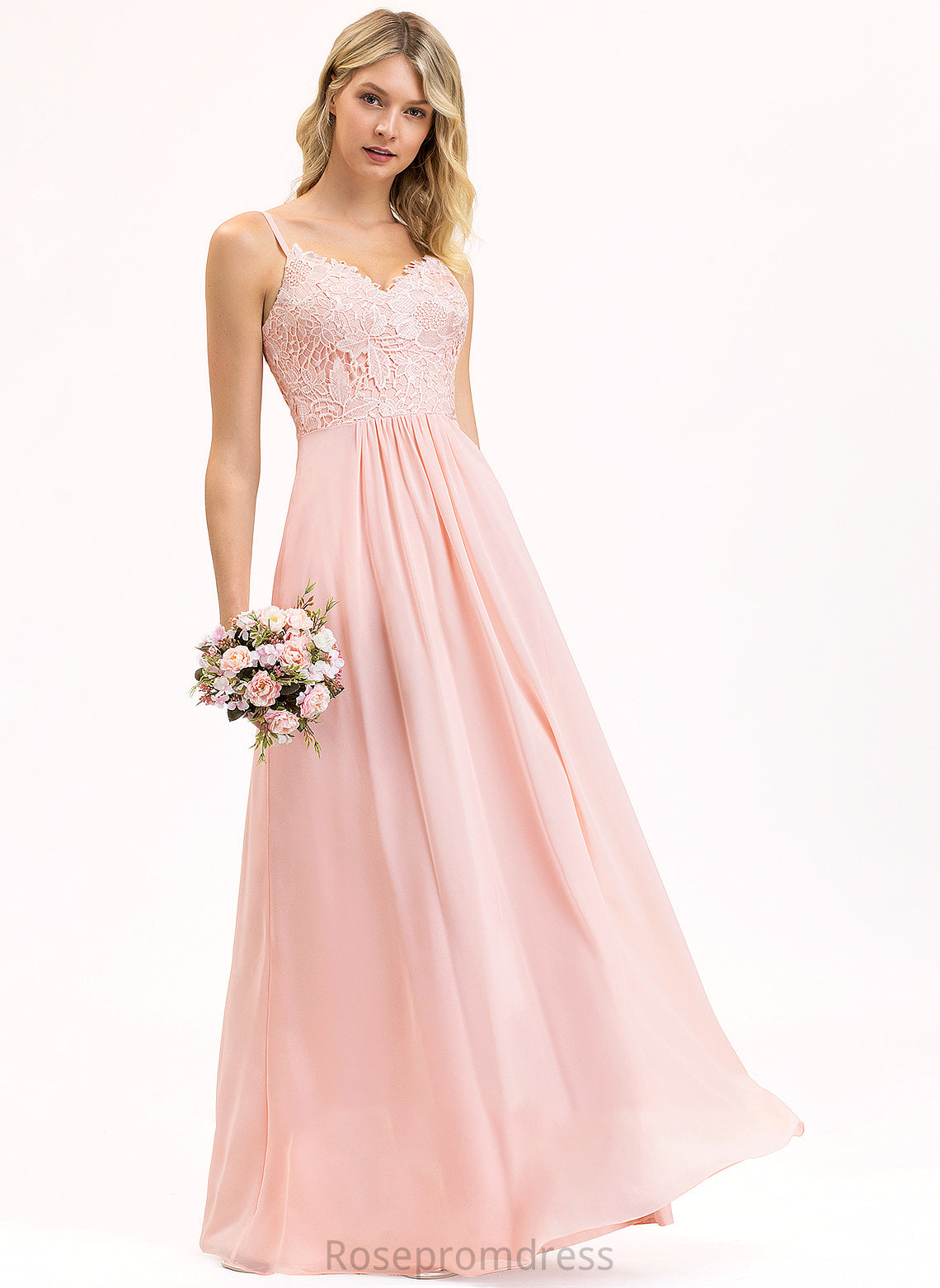 Straps Floor-Length A-Line Length Fabric Sweetheart Neckline Lace Silhouette Grace Natural Waist V-Neck Bridesmaid Dresses