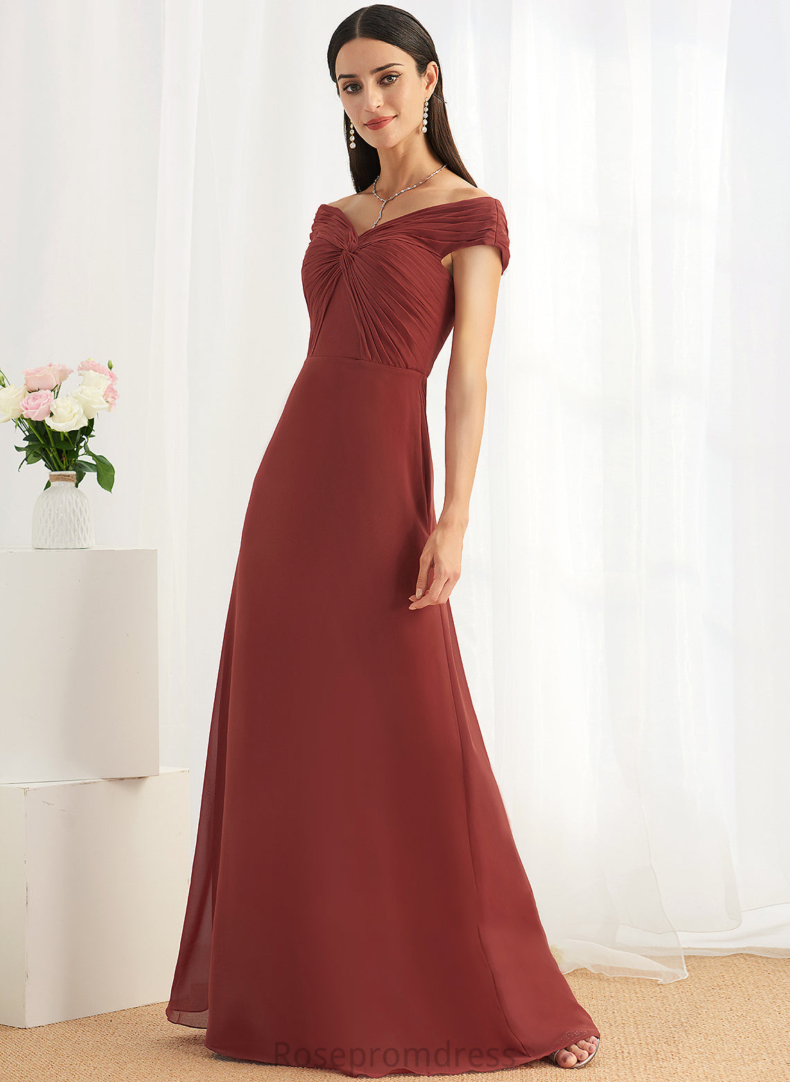 Sheath/Column Neckline Length Floor-Length Silhouette Ruffle Fabric Off-the-Shoulder Embellishment Vanessa Bridesmaid Dresses