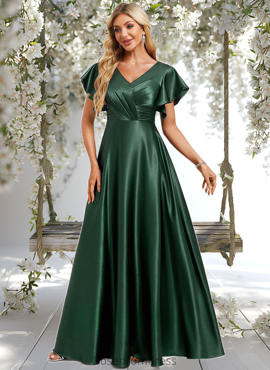 Marie A-line V-Neck Floor-Length Stretch Satin Bridesmaid Dress With Ruffle DSP0025773