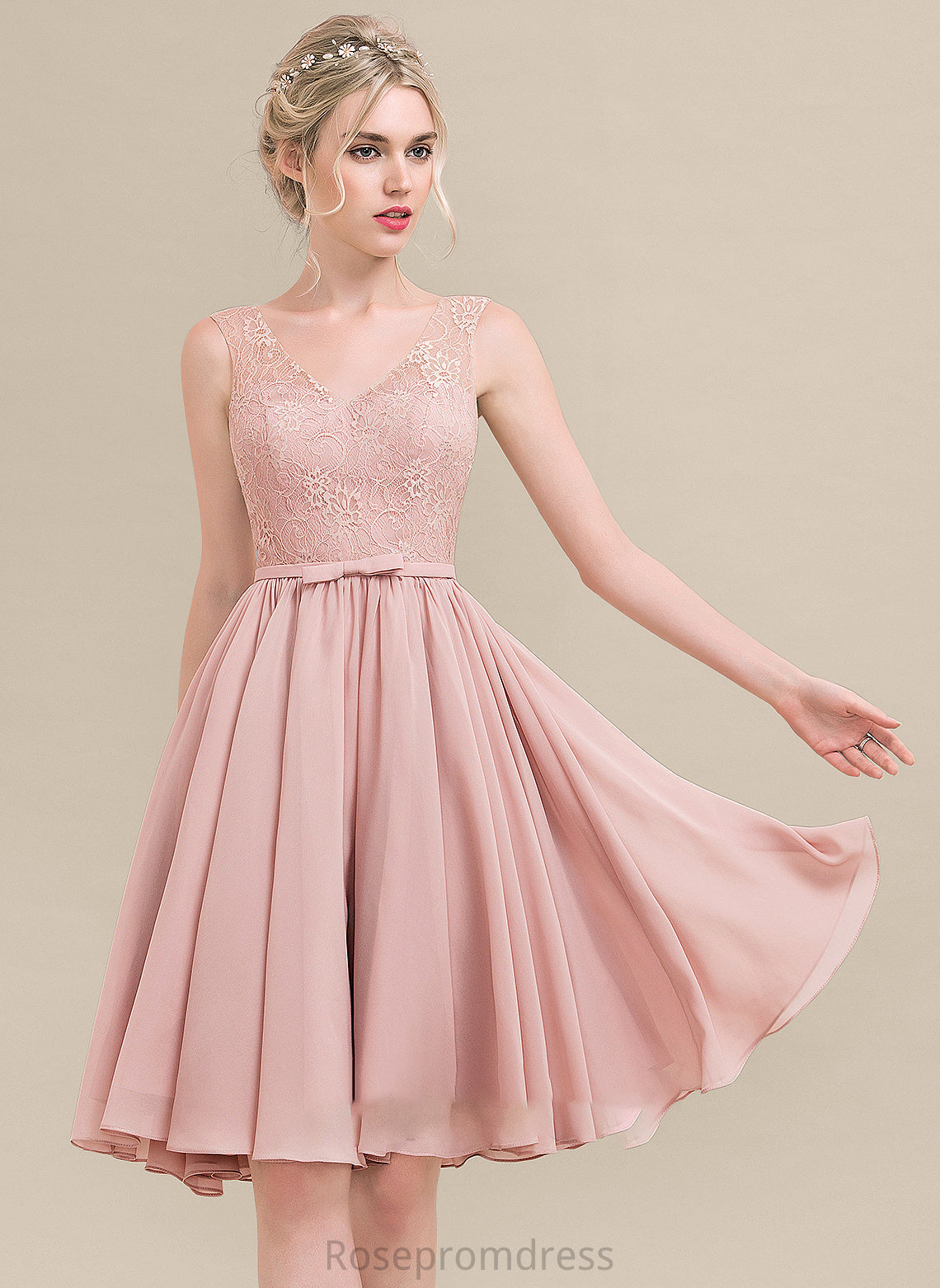 Bow(s) V-neck A-Line Fabric Neckline Silhouette Embellishment Knee-Length Length Alivia Natural Waist Sleeveless Bridesmaid Dresses