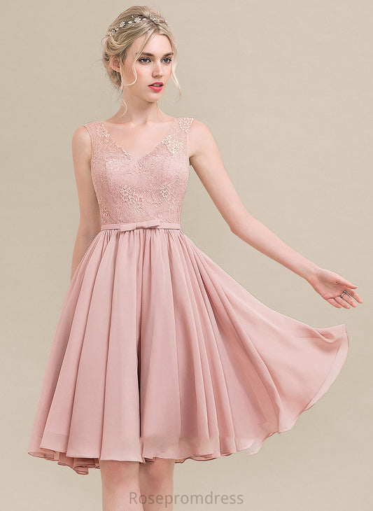 Bow(s) V-neck A-Line Fabric Neckline Silhouette Embellishment Knee-Length Length Alivia Natural Waist Sleeveless Bridesmaid Dresses
