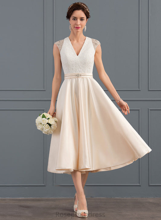 Adelyn Dress Tea-Length Sequins V-neck Wedding With Satin Wedding Dresses A-Line Beading