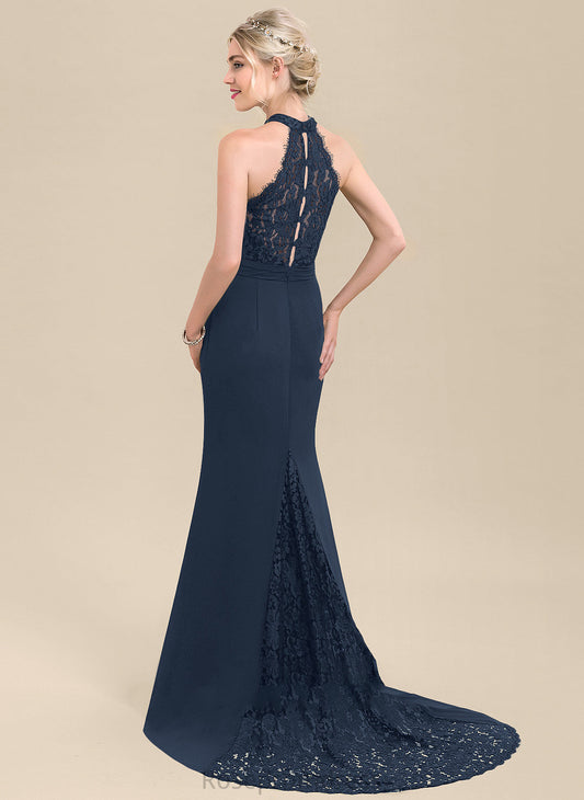Fabric Trumpet/Mermaid Lace Straps SweepTrain Neckline Silhouette Length HighNeck Dixie Floor Length Natural Waist Bridesmaid Dresses