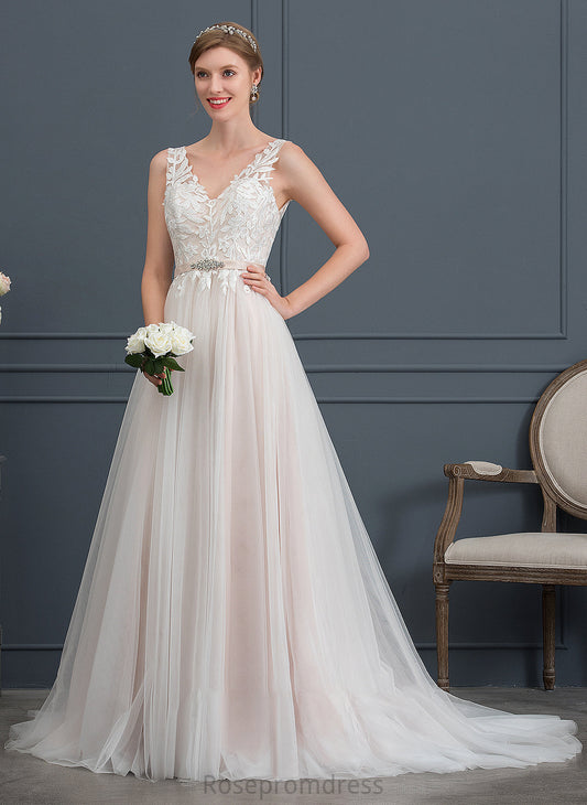 Court Wedding With Train Beading Dress A-Line Wedding Dresses V-neck Tulle Sharon