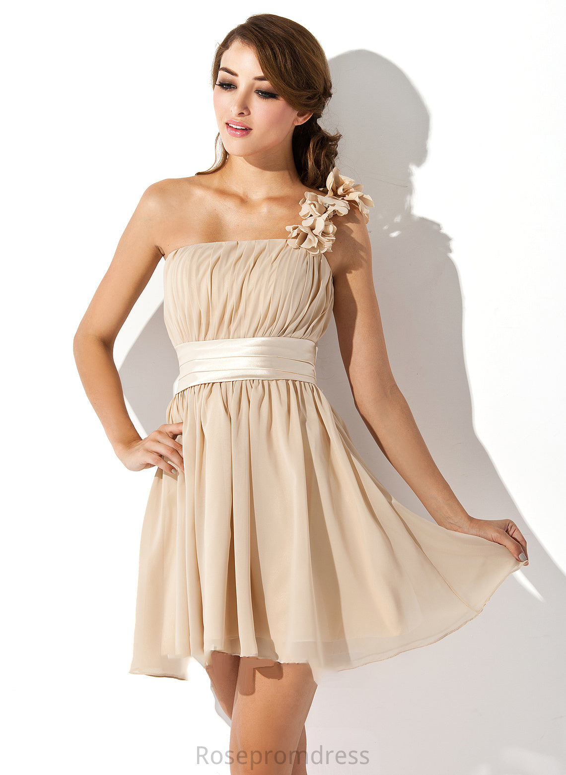A-Line Length Flower(s) Neckline Silhouette Embellishment Bow(s) Ruffle Short/Mini Fabric One-Shoulder Leanna Bridesmaid Dresses