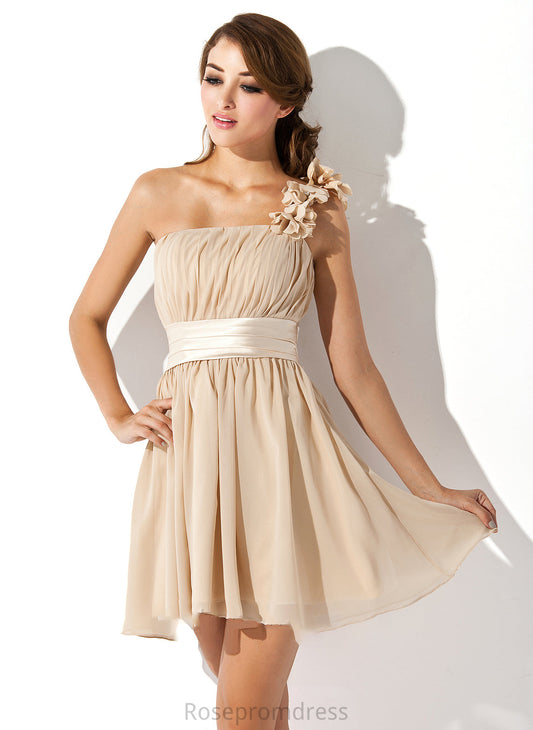 A-Line Length Flower(s) Neckline Silhouette Embellishment Bow(s) Ruffle Short/Mini Fabric One-Shoulder Leanna Bridesmaid Dresses