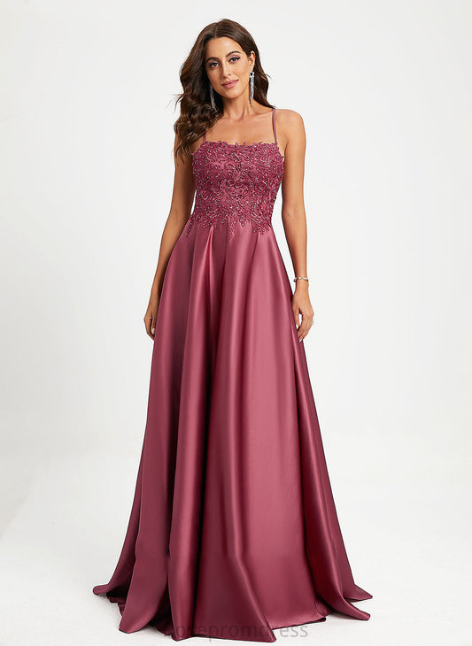 Sequins Beading Lilly Satin Square With Train A-Line Sweep Neckline Prom Dresses