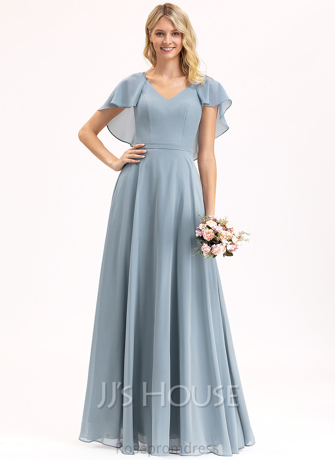 Embellishment CascadingRuffles A-Line V-neck Length Neckline Fabric Floor-Length Silhouette Kara Spaghetti Staps A-Line/Princess Bridesmaid Dresses