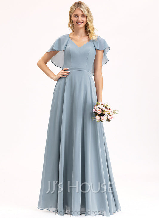 Embellishment CascadingRuffles A-Line V-neck Length Neckline Fabric Floor-Length Silhouette Kara Spaghetti Staps A-Line/Princess Bridesmaid Dresses