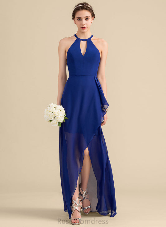 Silhouette ScoopNeck Length Neckline CascadingRuffles Fabric A-Line Embellishment Asymmetrical Khloe Sleeveless Floor Length Bridesmaid Dresses