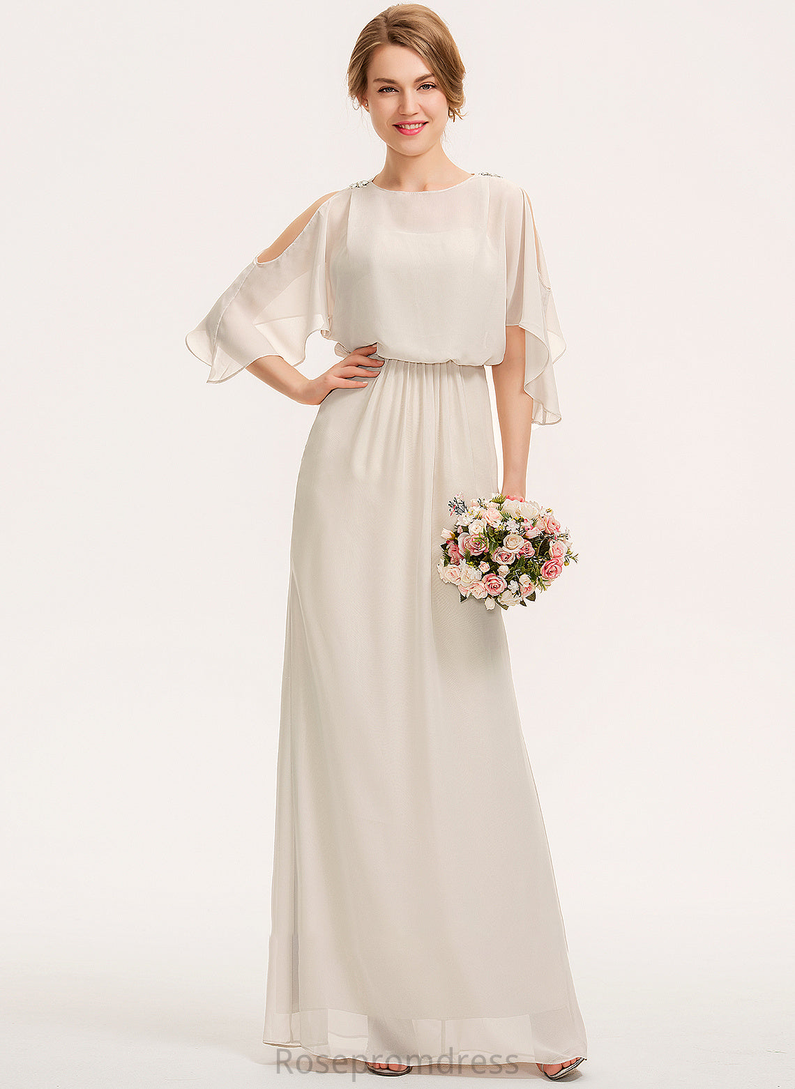 Silhouette Sheath/Column Neckline Floor-Length CascadingRuffles Embellishment Fabric Length ScoopNeck Aisha Tea Length Sleeveless Bridesmaid Dresses