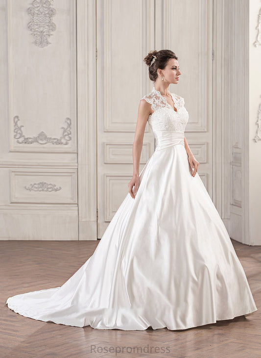 Dress Satin Lace Ruffle Court Dahlia Wedding Wedding Dresses Ball-Gown/Princess With Train V-neck