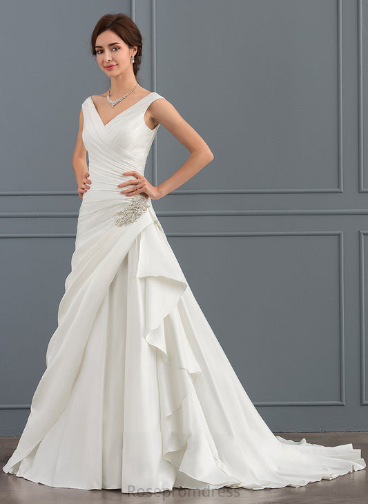 Dress Court Beading Jordyn Train Wedding Dresses A-Line Satin V-neck With Wedding