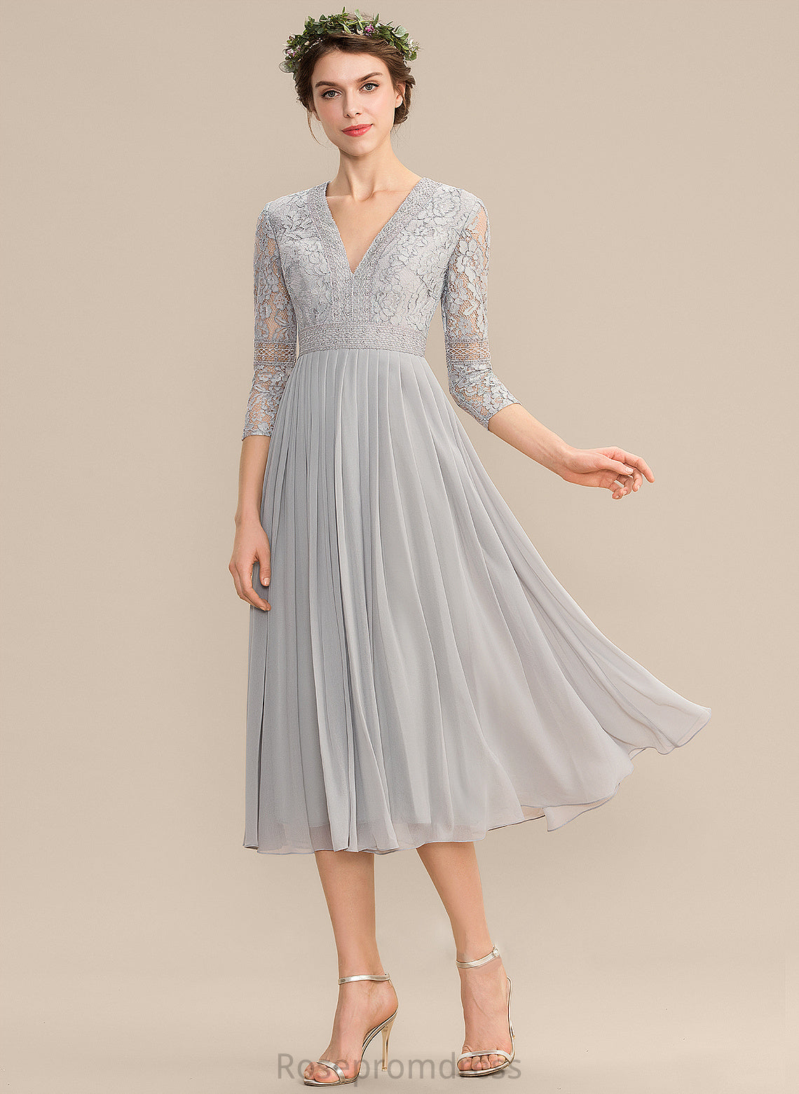 V-neck Embellishment Length Pleated Silhouette Tea-Length Neckline Fabric A-Line Elianna Bridesmaid Dresses