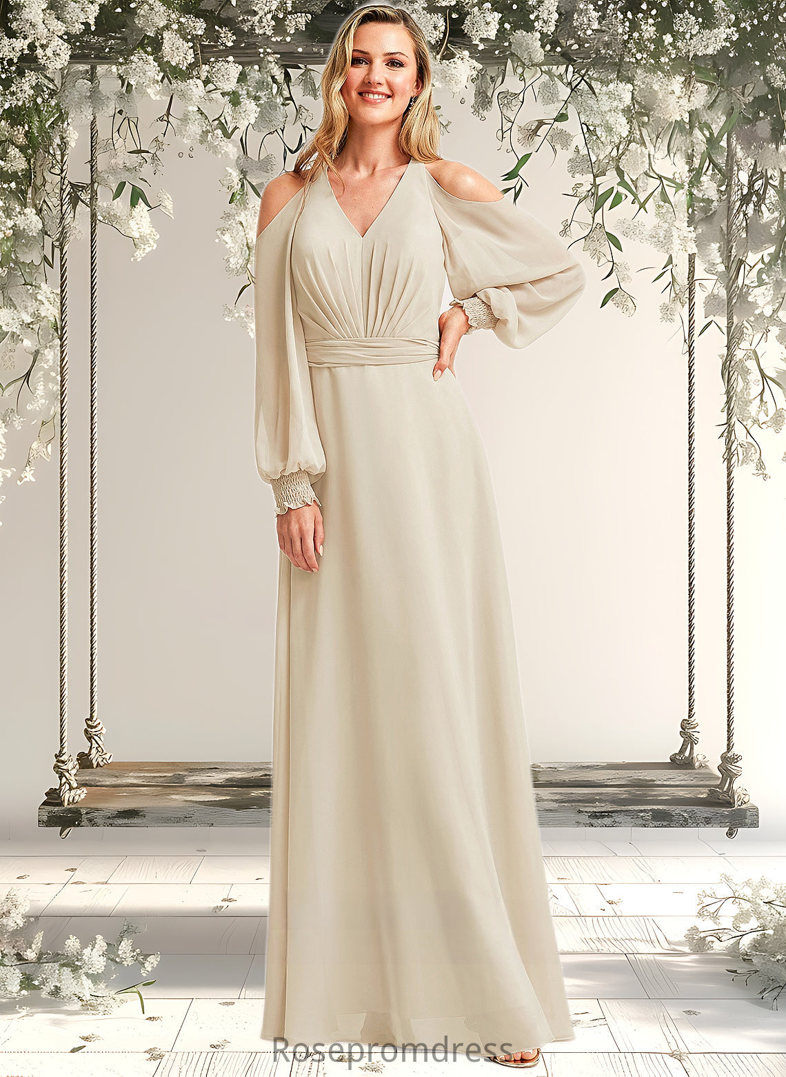 Lesly A-line Cold Shoulder Floor-Length Chiffon Bridesmaid Dress DSP0025760