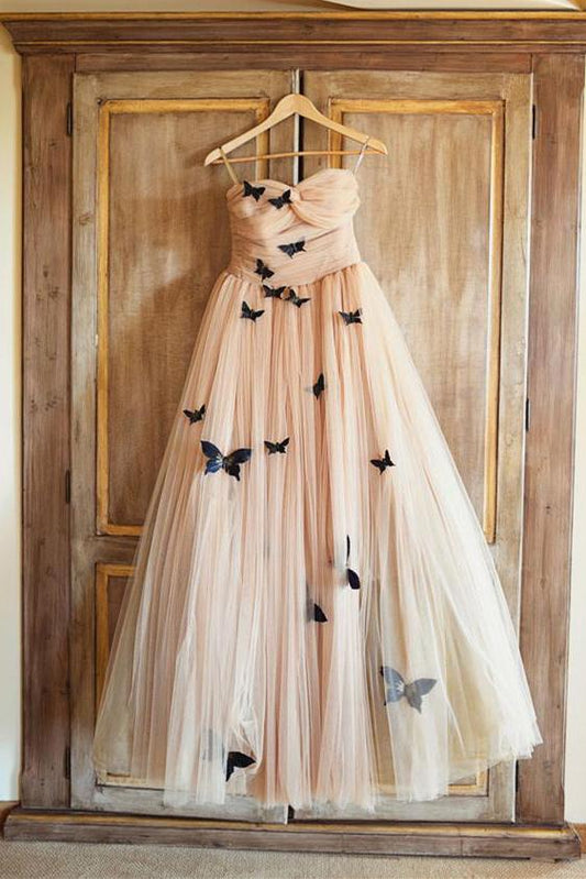 A-Line Strapless Sweetheart Lace up Prom Dress Tulle Sleeveless Ruffles Wedding Dresses RS336