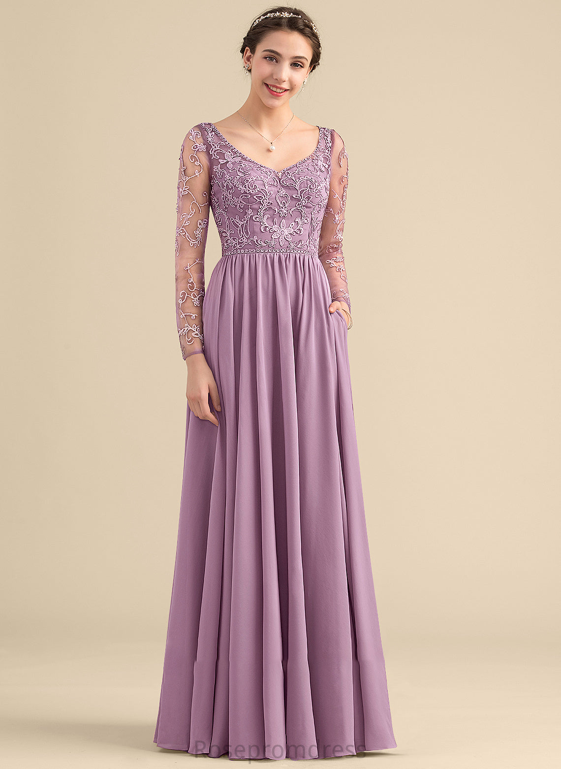 Beading Silhouette V-neck Embellishment A-Line Length Pockets Fabric Neckline Floor-Length Zoey Bridesmaid Dresses