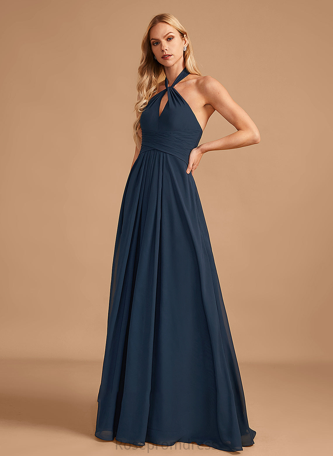 A-Line Halter Embellishment Ruffle Length Neckline Floor-Length Silhouette Fabric Alexandra Bridesmaid Dresses