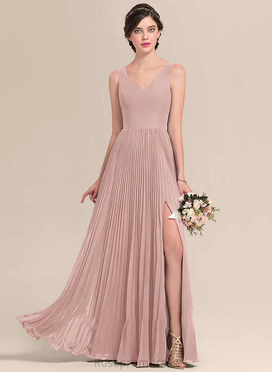A-Line Fabric Silhouette Floor-Length Neckline Embellishment Length SplitFront V-neck Pleated Esther Spaghetti Staps Bridesmaid Dresses