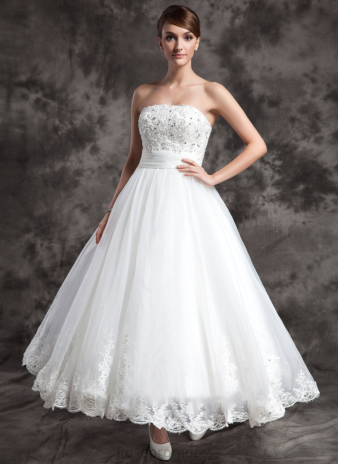 Satin With Victoria Ball-Gown/Princess Beading Wedding Wedding Dresses Ankle-Length Organza Lace Strapless Dress