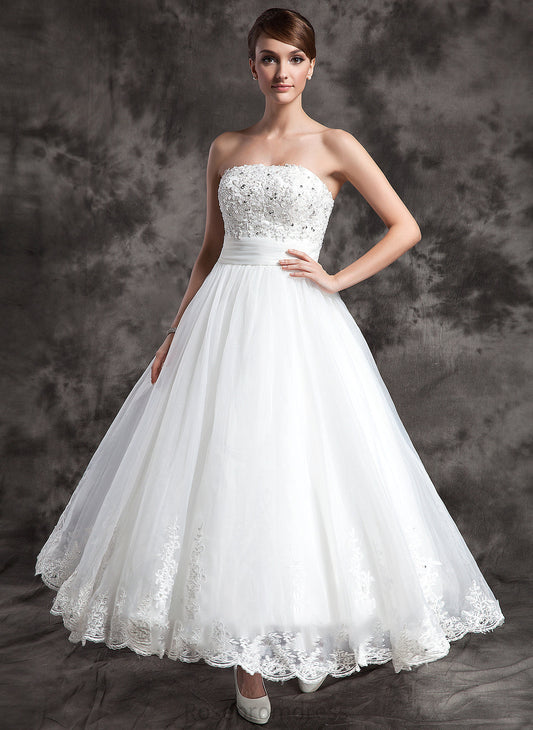 Satin With Victoria Ball-Gown/Princess Beading Wedding Wedding Dresses Ankle-Length Organza Lace Strapless Dress