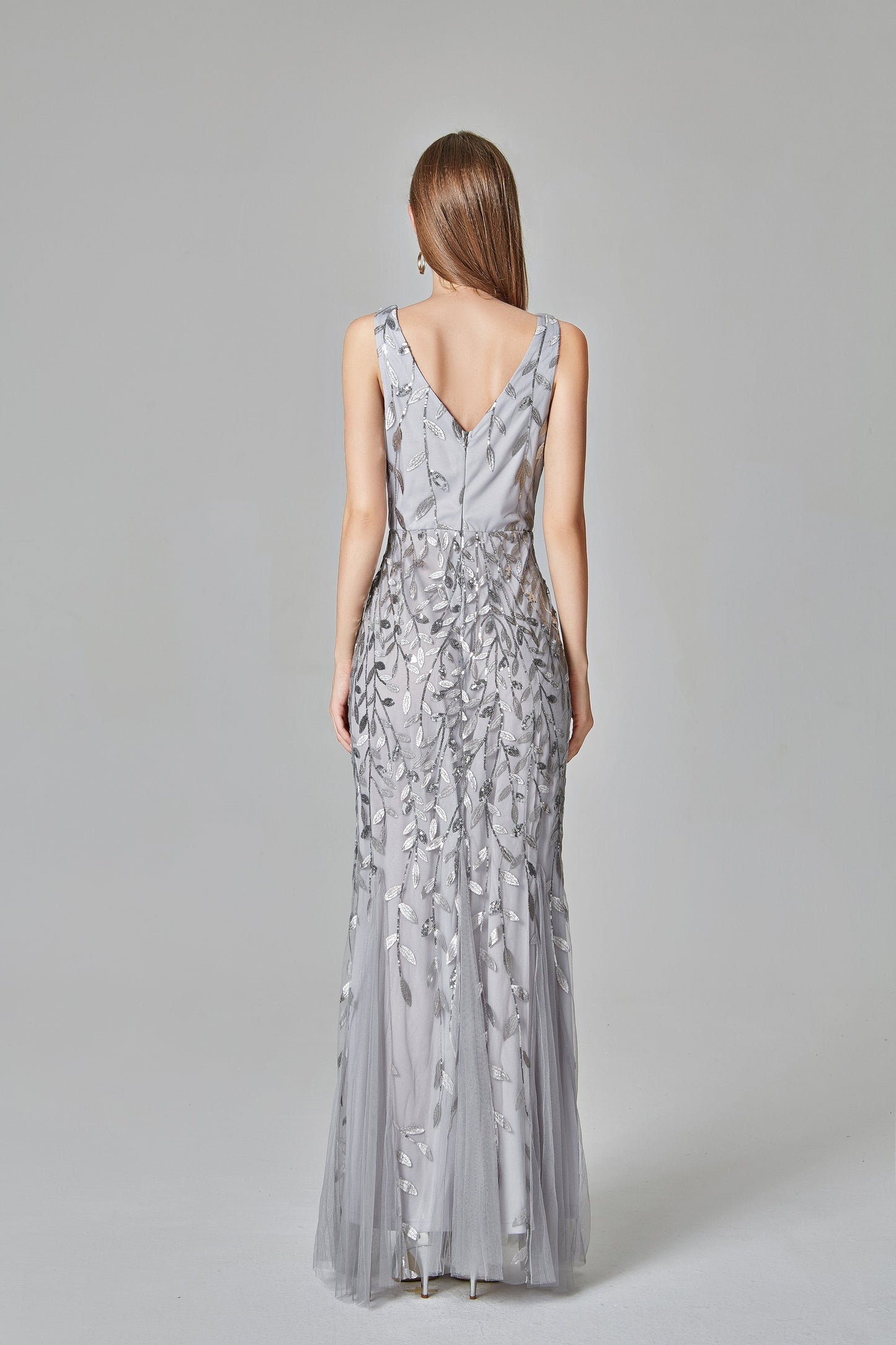 Sexy V Neck Silver Mermaid Prom Dresses, Embroidered Sequins Long Evening Dresses SRS15368