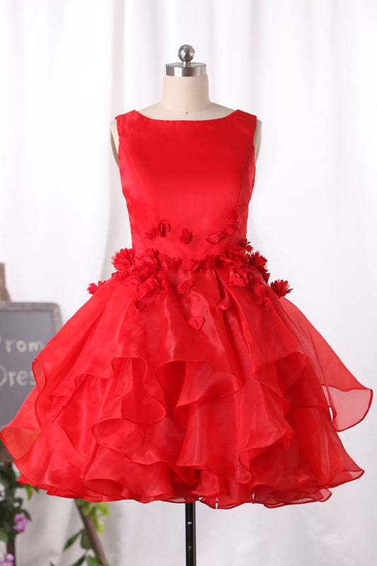 2024 A Line Scoop Neck Satin Homecoming Dresses With Handmade Flowers Zipper Up