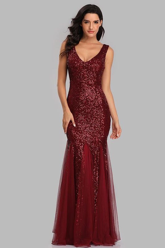 Sexy Burgundy Tulle V Neck Mermaid Sequin Prom Dresses, Evening Party Dresses SRS15332
