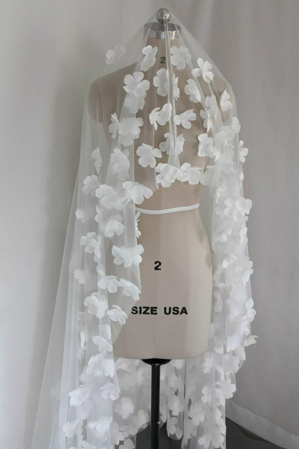 Long Tulle Ivory Wedding Veils with Hand Made Flowers, Wedding Veils SRS15583