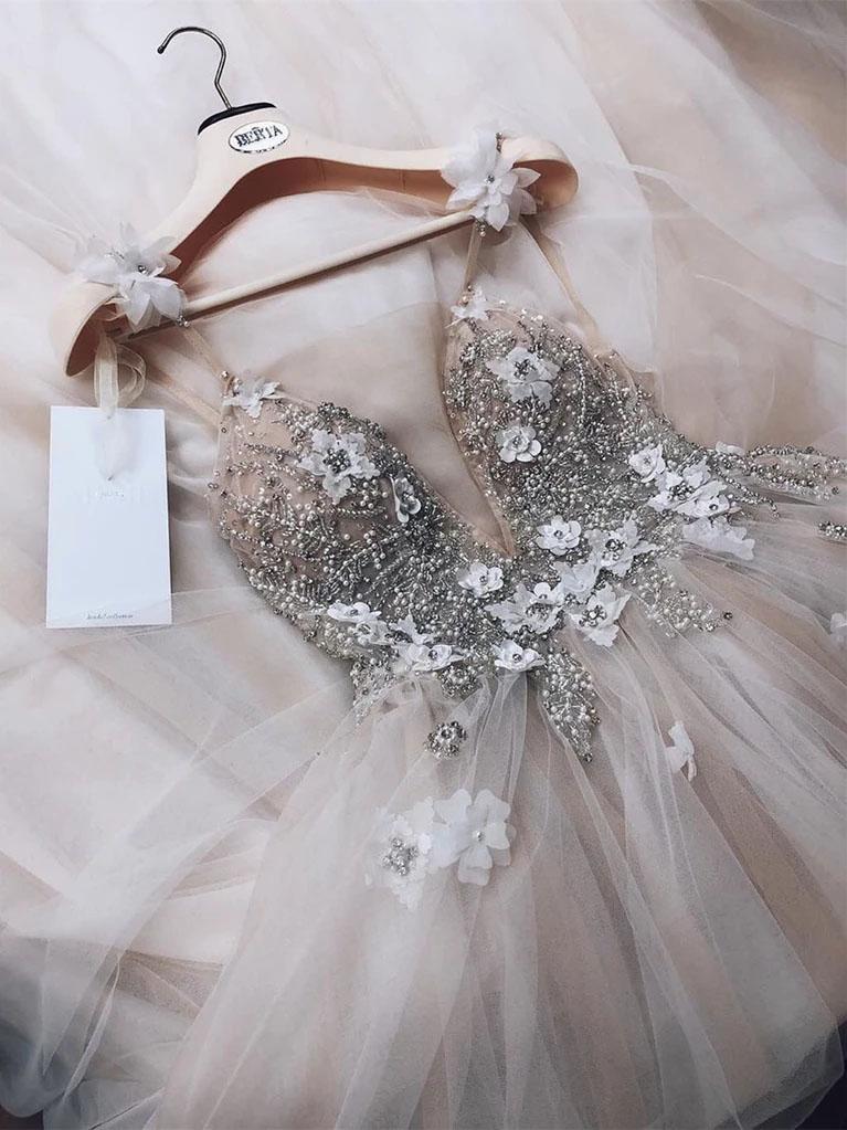 A Line Spaghetti Straps Tulle Beads V Neck Prom Dresses, Hand Made Flowers Wedding Dress SRS15031